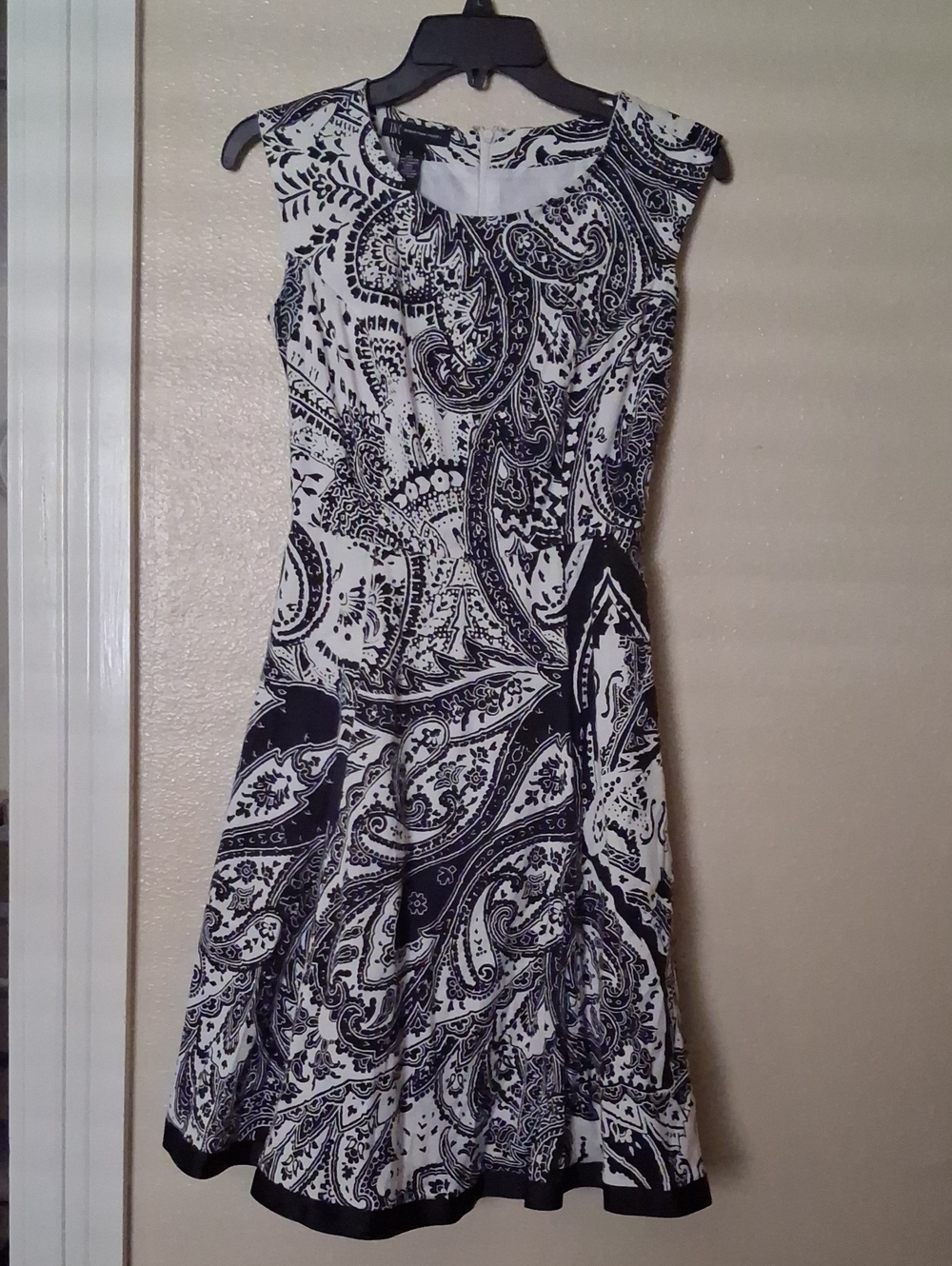 INC International Concepts Black and White Paisley Fit-and-Flare Midi Dress